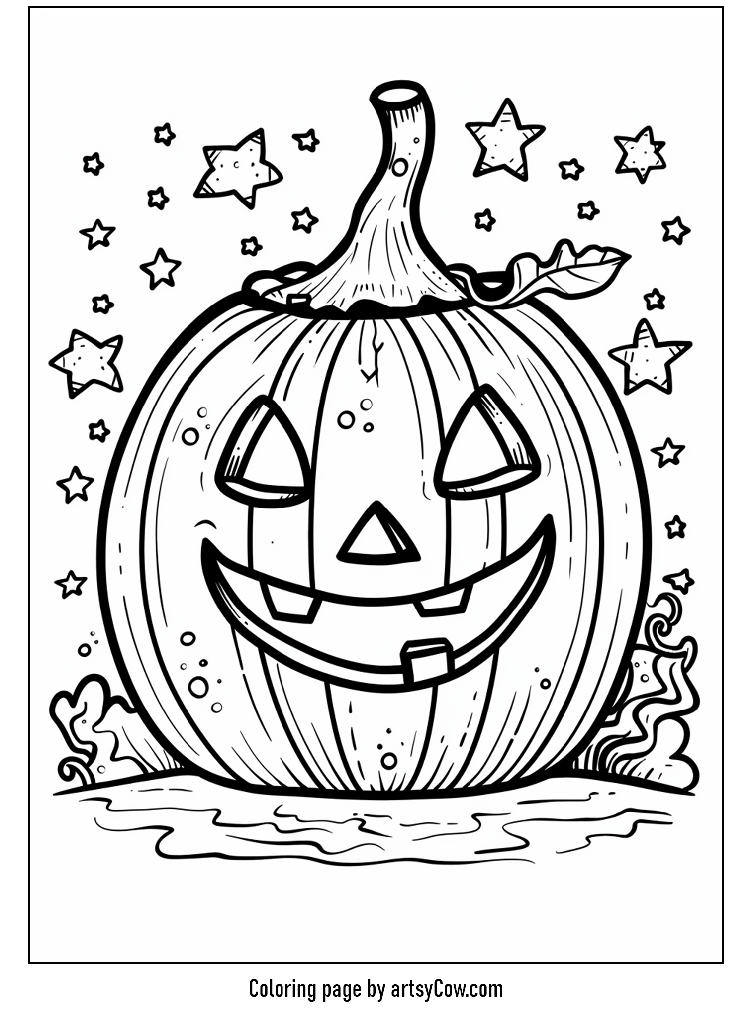 halloween pumpkin drawings for kids showing a cheerful pumpkin surrounded by twinkling stars.